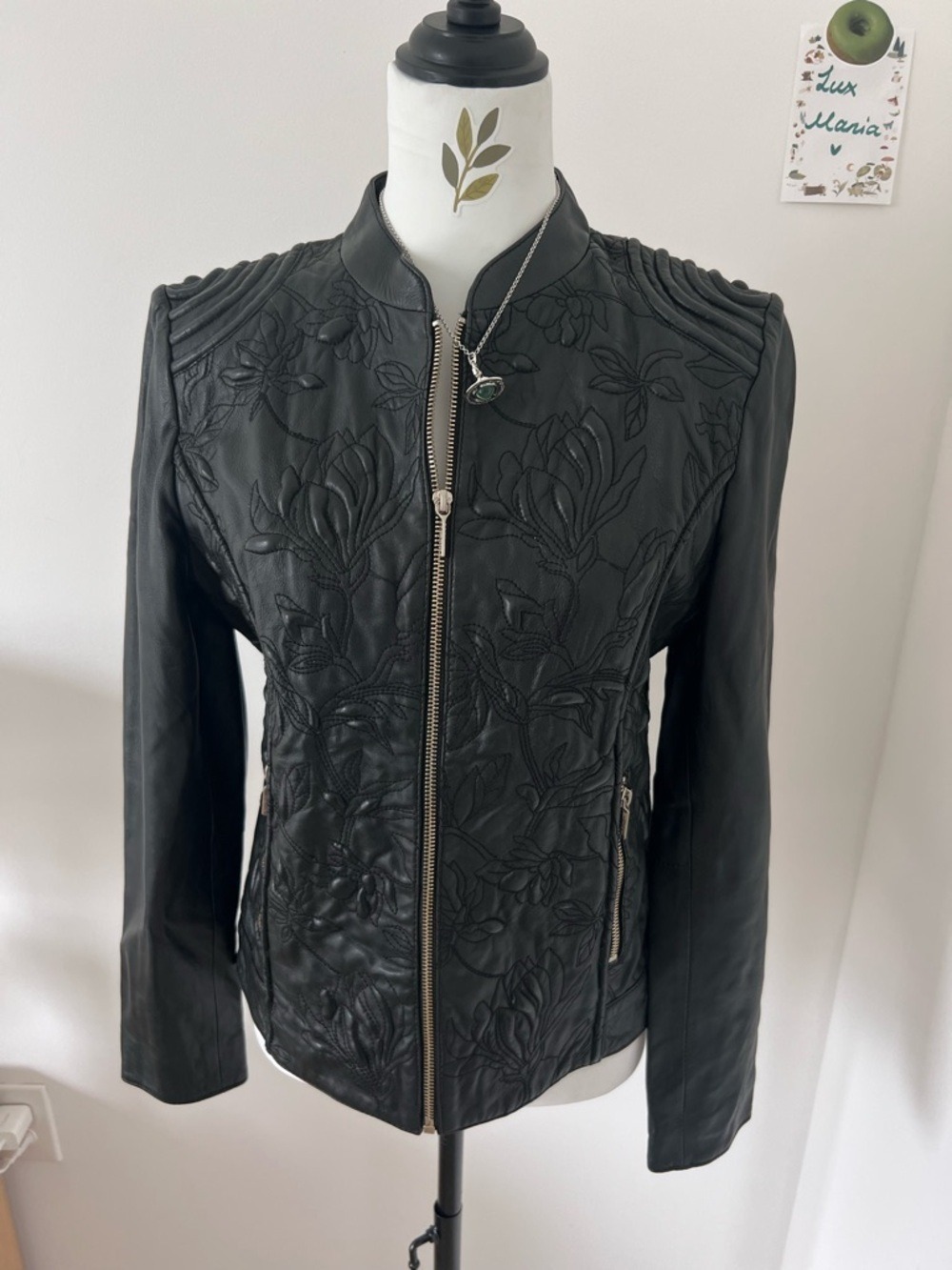 Vintage Black Embossed Floral Real Leather Moto Jacket Size M